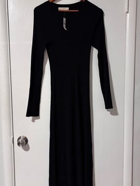 LOFT Black Ribbed Knit Maxi Dress Long Sleeve NWT Size L Retail $99.95